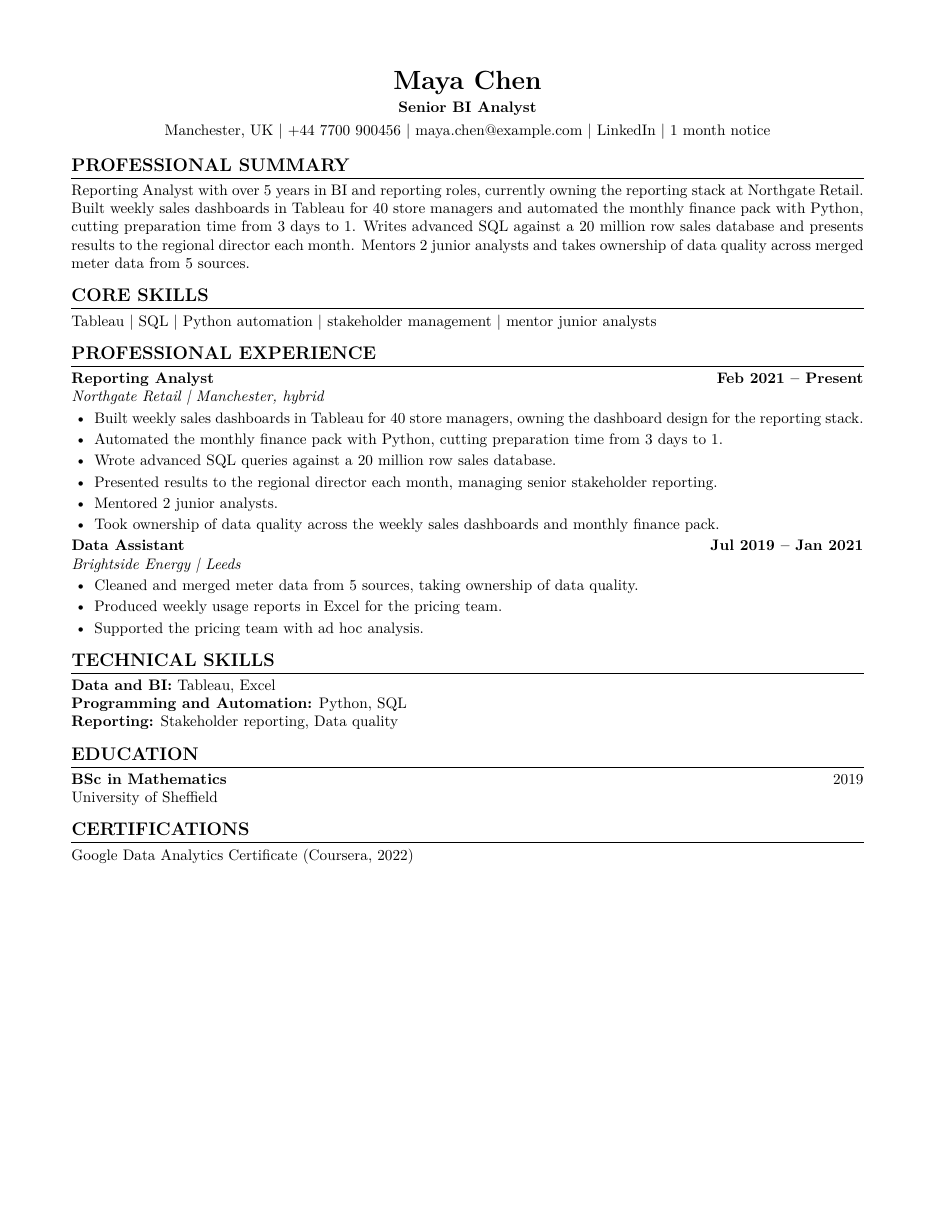 Example tailored CV for a fictional candidate named Maya Chen